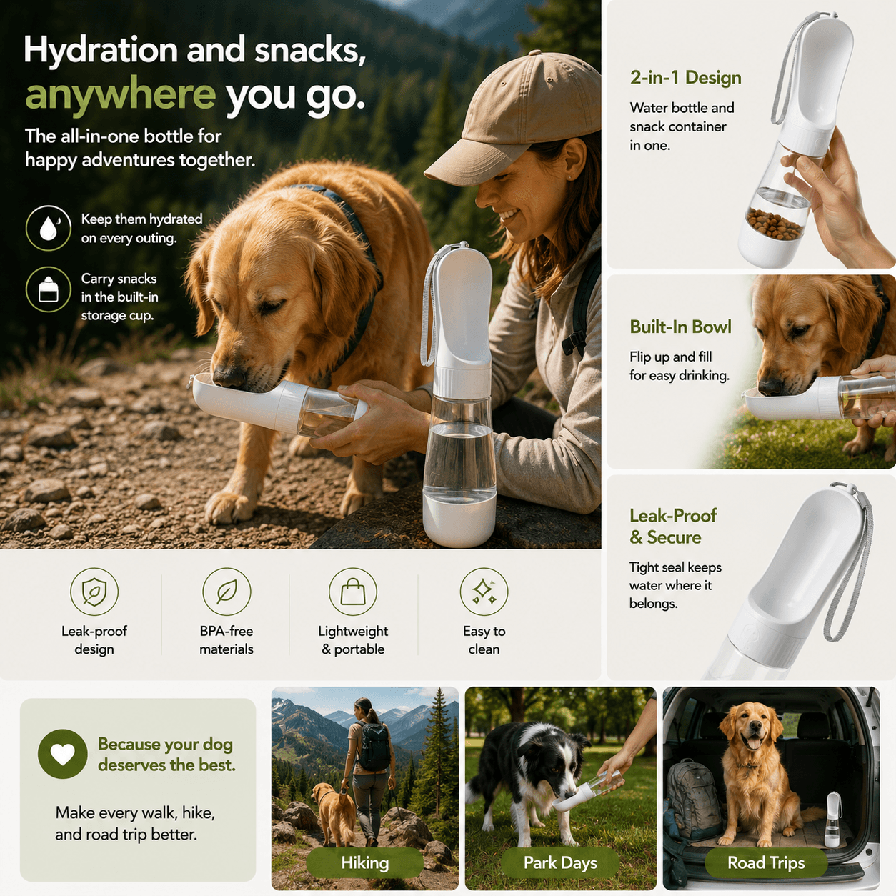 TrailSip pet travel bottle ready for an outdoor adventure